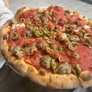 Pepperoni, sausage, green olive, extra sauce