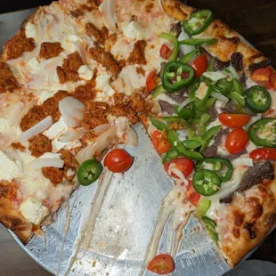 Half La Mexicana and half Chroizo Goat Cheese and Onions