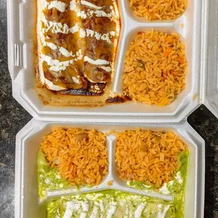 Top: Ground Beef Enchiladas, Bottom: Mario Enchiladas, both without beans and double rice