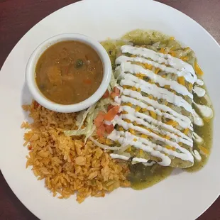 Shredded Chicken Enchiladas with Rice and Beans