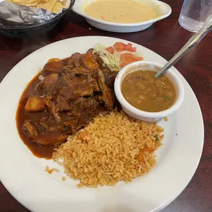 Chili Colorado, Charros and rice.