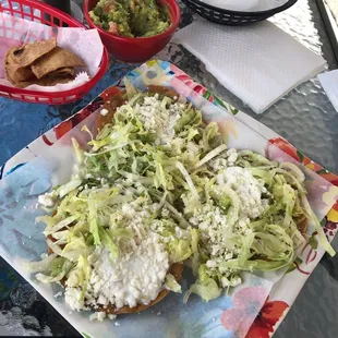 Bean tostadas and guacamole.  Delicious!