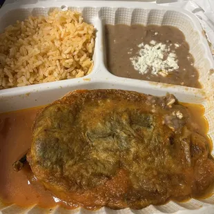 Chile Rellenos, rice and refried beans. Disappointing. #TooGoodToGoApp