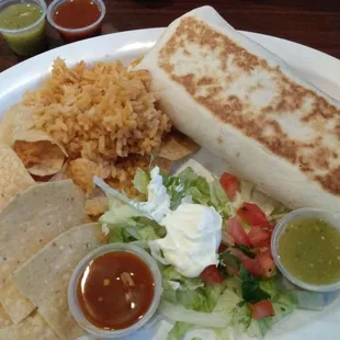 Burrito, rice, chips and salsa