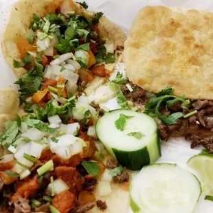 Tacos al pastor and a gordita