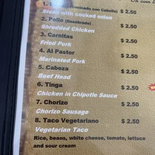 Taco menu