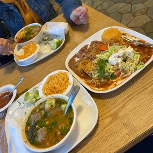Albondigas soup (left) and Cheese Enchilada (right)   Almost couldn&apos;t take a pic because how good it is.