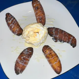 Fried plantains (platanos) and ice cream