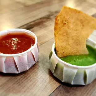 Mild red and medium green salsa