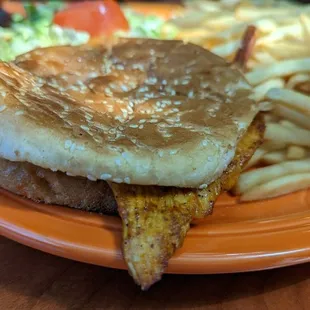 a sandwich and french fries on an orange plate