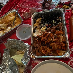 a table full of food and condiments