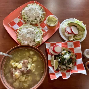 Pozole with tostadas and a suadero taco.