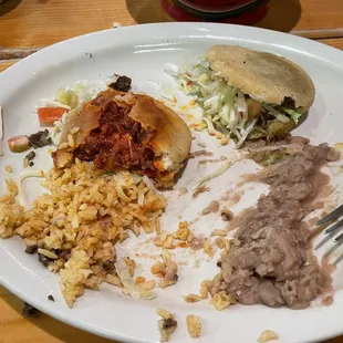 Gorditas Plate with Rice &amp; Beans half eaten lol