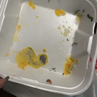 Styrofoam container that my carne asada nachos came in. Holes burnt through it.