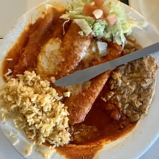 Red Enchiladas, rice &amp; beans