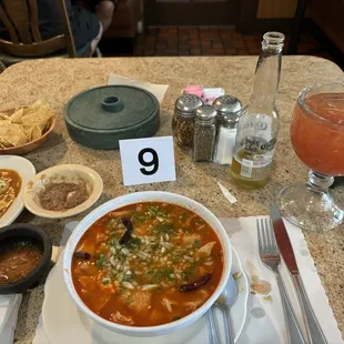 Menudo &amp; a cheese enchilada à la cart &amp; a delicious Michelada