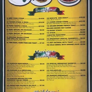 Traditional Breakfast, Mexican Breakfast, and Kids Menu