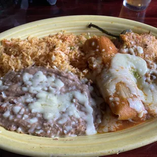 Pork Tamales, Chile relleno, rice and beans