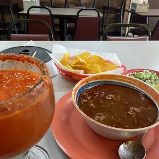 consommé with tortillas on side &amp; michelada