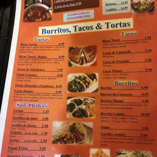 a menu for burritos, tacos and tortass
