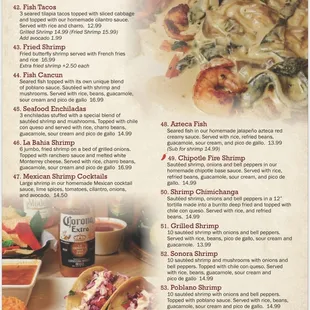 a menu for seafood