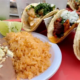 Steak, Al Pastor, and Fish tacos (you can&apos;t buy them individually, only in an order of 3)