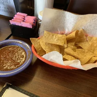 Chips and salsa.  Both excellent.  Salsa medium/hot.  Which is nice.