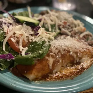 Chicken enchiladas w/whole beans and salad