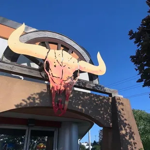a bull skull on the side of a building