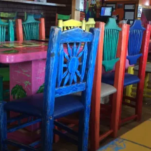 a colorful table and chairs