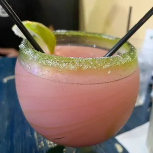 Prickly pear margarita with sugar rim large size