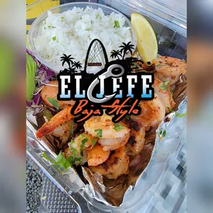 shrimp and rice in a plastic container