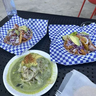 Tostada aguachile verde and baja fish tacos