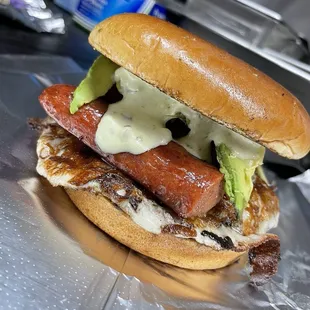 La jefa burger with a hotdog added
