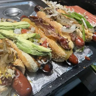 Chili dog, Mexican dog, American dog and el jefe dog.