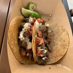 Carne Asada Tacos with lime crema and pico de gallo