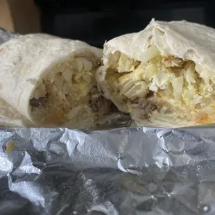 Egg potato steak and cheese burrito