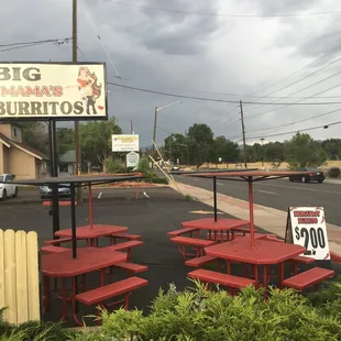 Big mama burrito sign and benches.