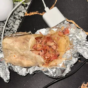 Cheddar bacon omelet breakfast burrito