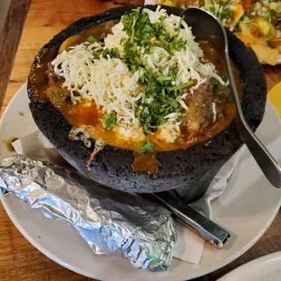 Molacajete with Barbacoa and Salsa Verde