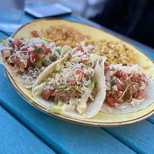 Taco dinner (2 shredded chicken and 1 chipotle chicken) with Mexican rice and street corn