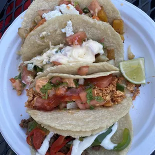 single Cauliflower Taco, single Potatoes Hash Taco, single Chicken Taco, and single Steak Taco