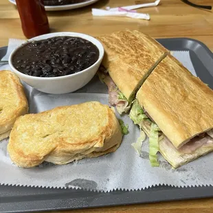 Cuban sandwich, black beans and yellow rice
