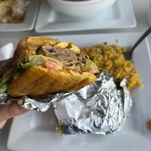 Jibarito Sandwich and arroz con gandules