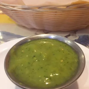 Green chili avocado sauce. Made with jalapeños. Slight heat to it!!