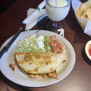 Small chicken quesadilla and a pina colada margarita