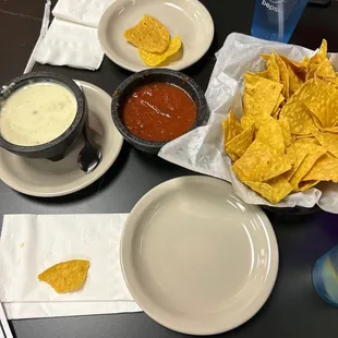 Chips and salsa and queso