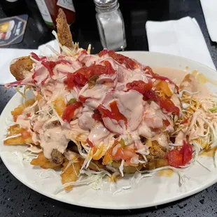 Chicken breast with fried Plantains substitute the fried Plantains with Fries. Really good!