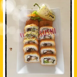 Cielo,Mar y Tierra roll (Sky, Sea &amp; Earth) it&apos;s a great combination of chicken beef and shrimp rolled in a seaweed, breaded and deep fried