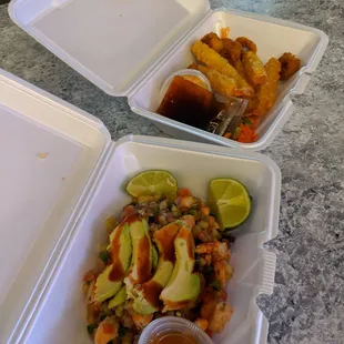 Ceviche torta and fried mix plate